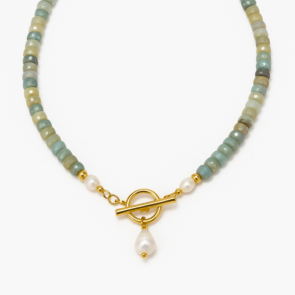Chasina Necklace – Amazonite Beads & Freshwater Pearl with Toggle
